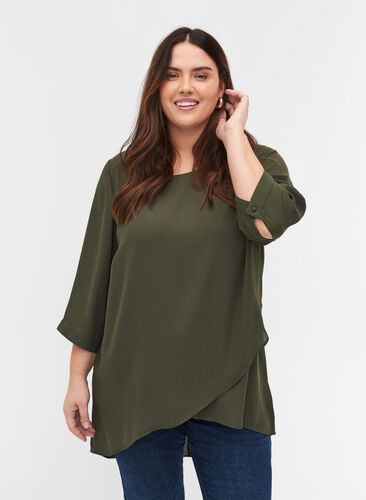 Blouse with 3/4-length sleeves and asymmetric hem, Deep Depths, Model image number 0