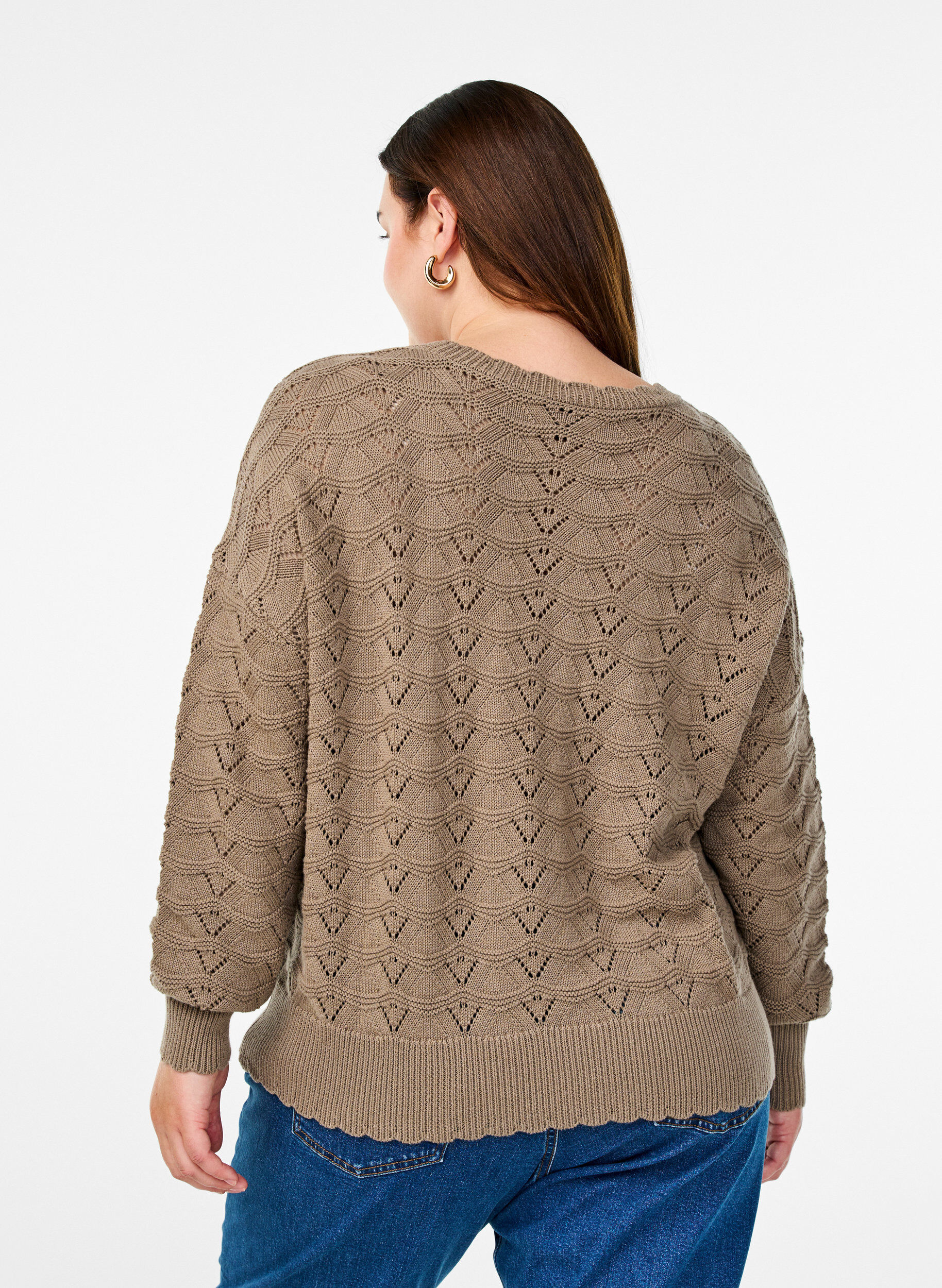 Zizzifashion Long-sleeved knit blouse with an openwork pattern, Desert Taupe, Model image number 1