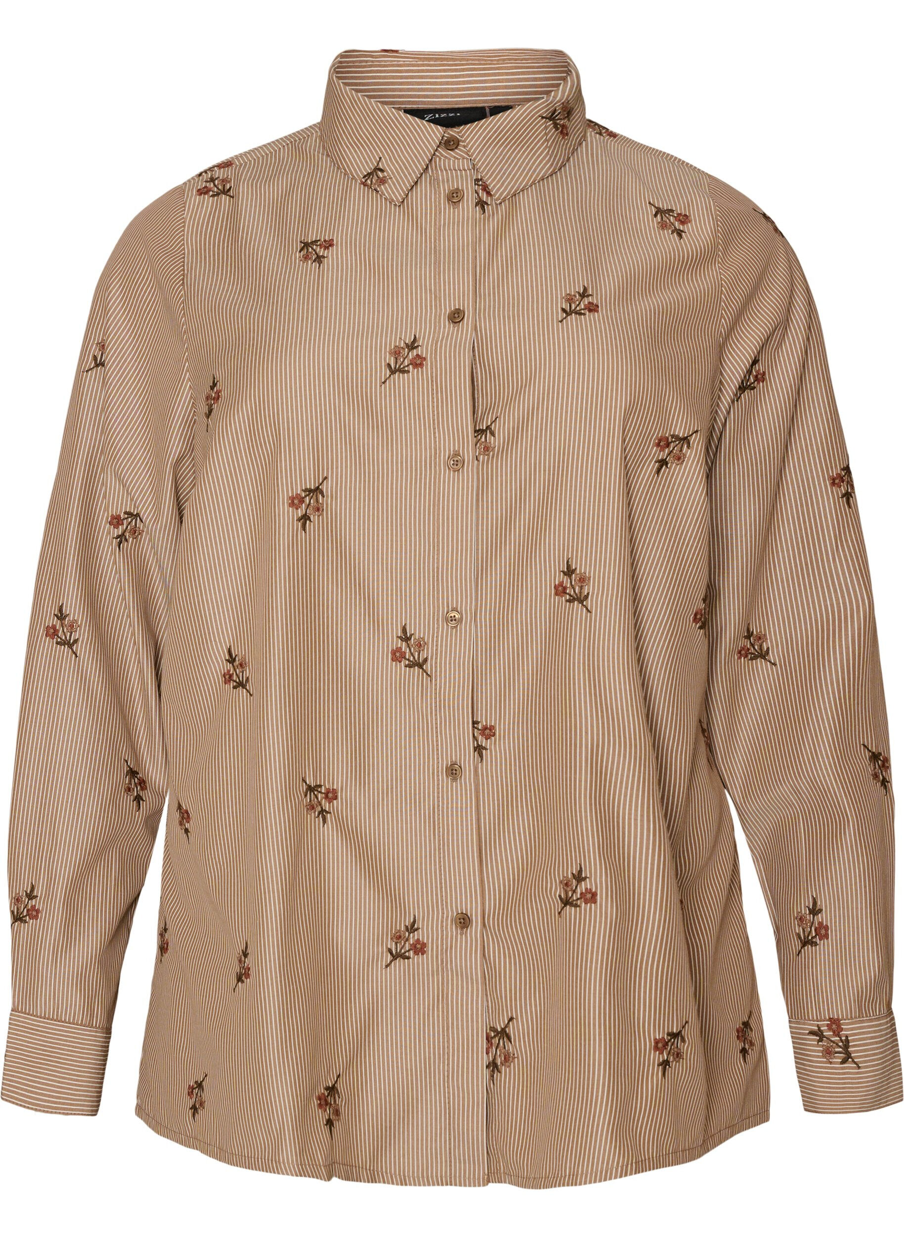 ZizzifashionStriped shirt with embroidered flowers, Brown, Packshot image number 0