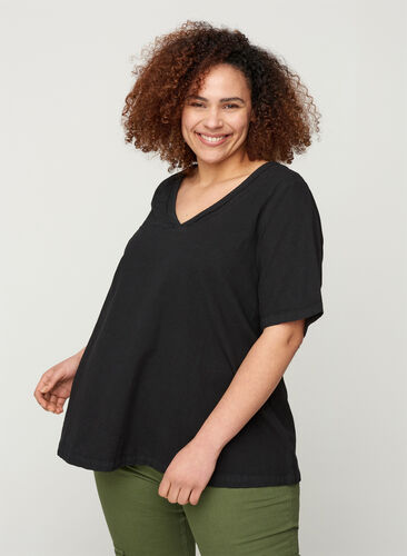 Short-sleeved blouse in cotton, Black, Model image number 0