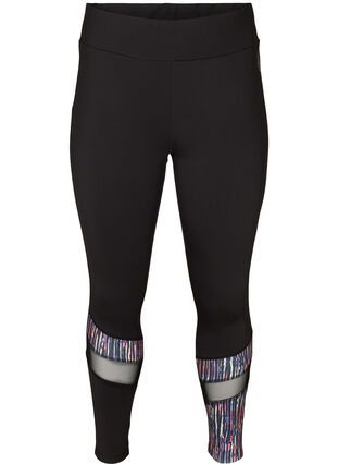 Cropped sports tights with print and mesh, Black, Packshot image number 0