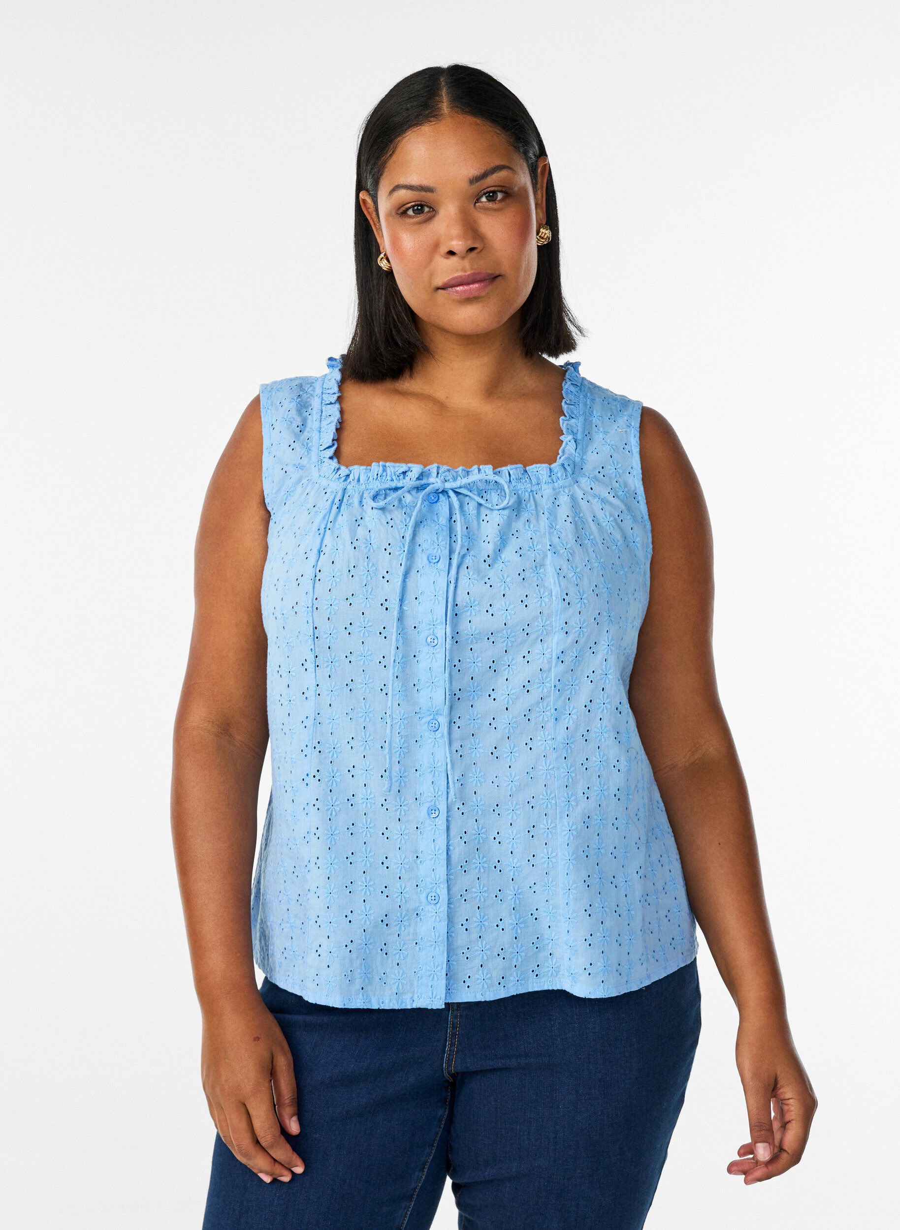 Sleeveless blouse with broderie anglaise and ruffles, Light Blue, Model