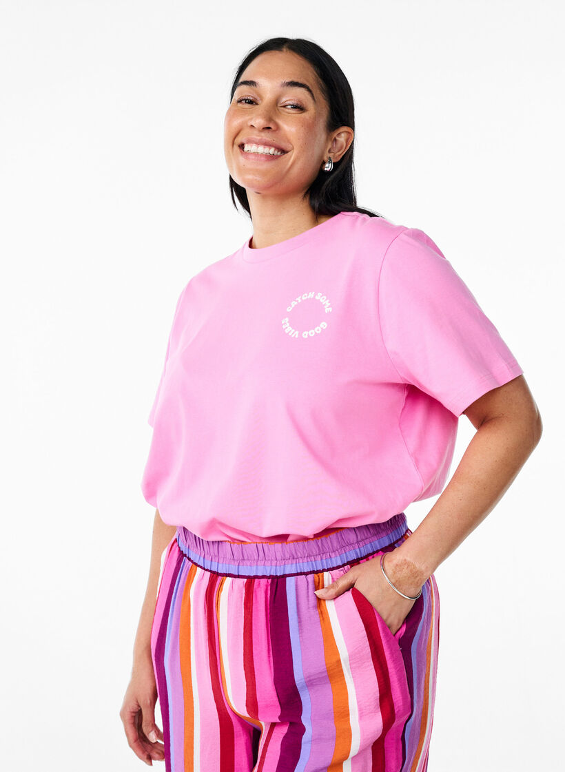 Organic cotton T-shirt with text motif, Pink, Model image number 2