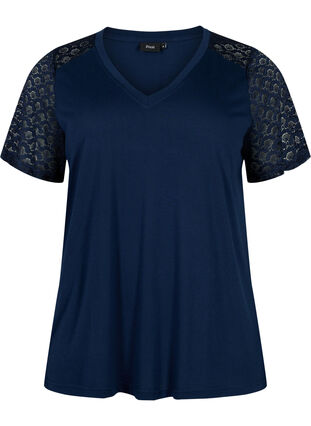 T-shirt with lace sleeves, Navy Blazer, Packshot image number 0