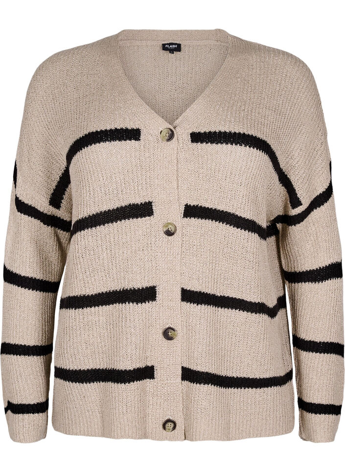 FLASH - Knitted cardigan with stripes and buttons, Beige, Packshot image number 0