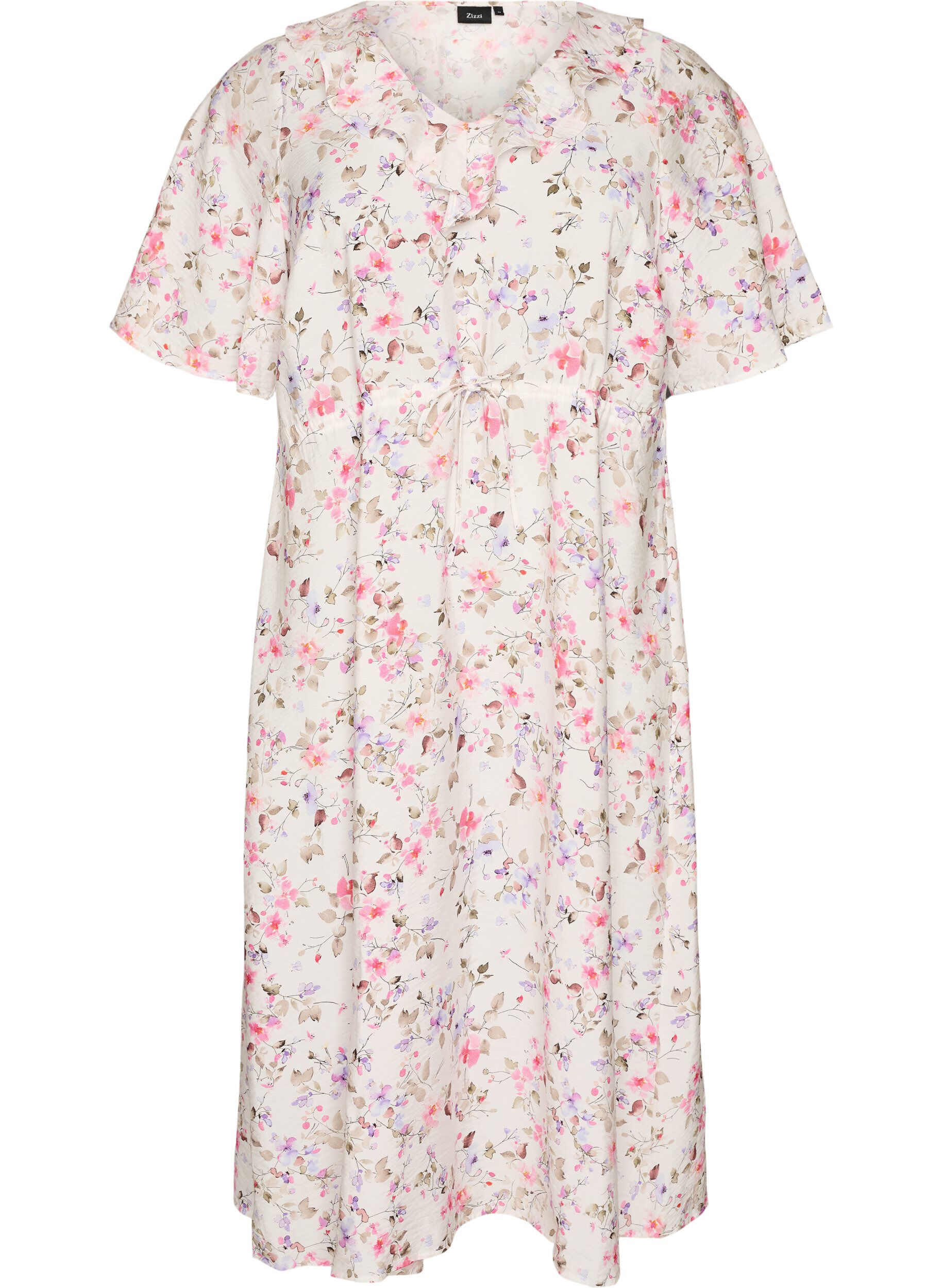 Zizzifashion Viscose midi dress with a floral print and ruffle collar, Vanilla, Packshot image number 0