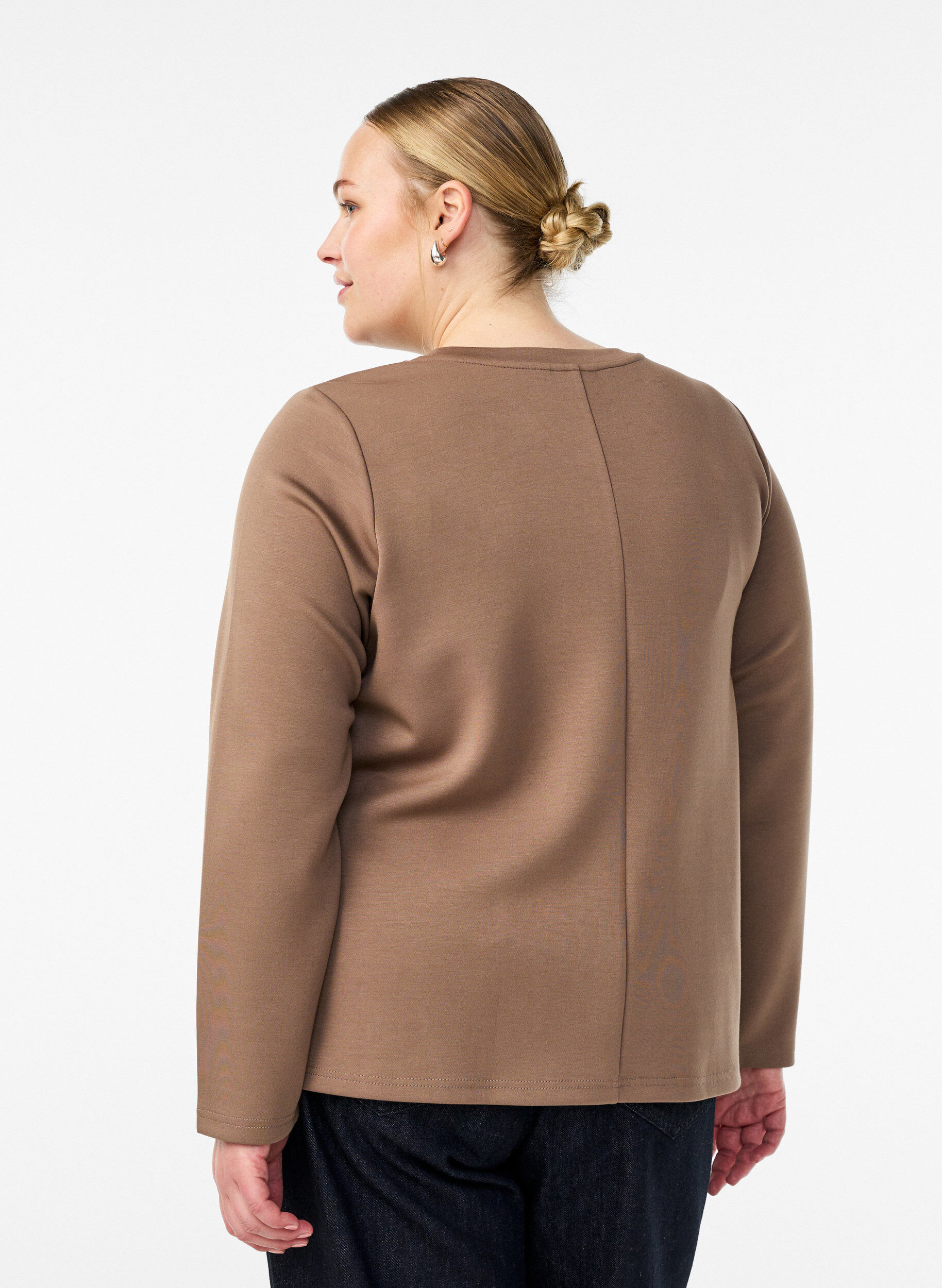 Zizzifashion Jersey blouse with round neck, Brown, Model image number 2