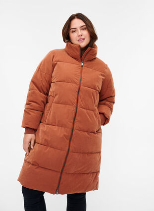 Long puffer jacket with zipper, Sequoia, Model image number 0