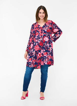 Floral viscose tunic with 3/4 sleeves, Flower AOP, Model image number 2