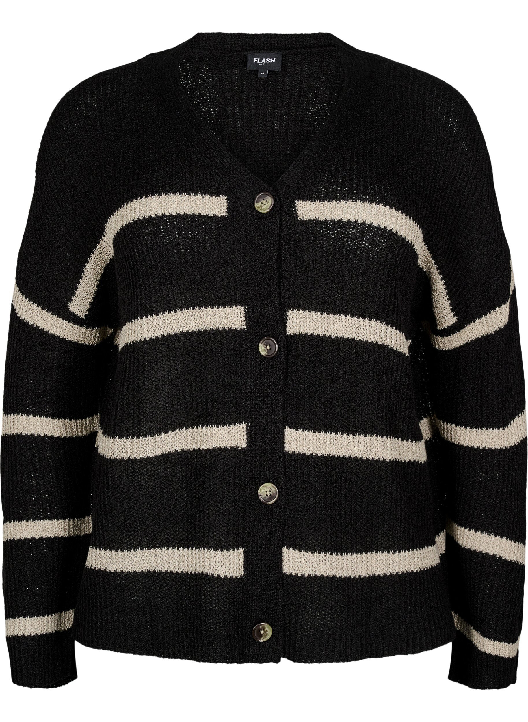 Zizzifashion Knitted cardigan with stripes and buttons, Black, Packshot image number 0