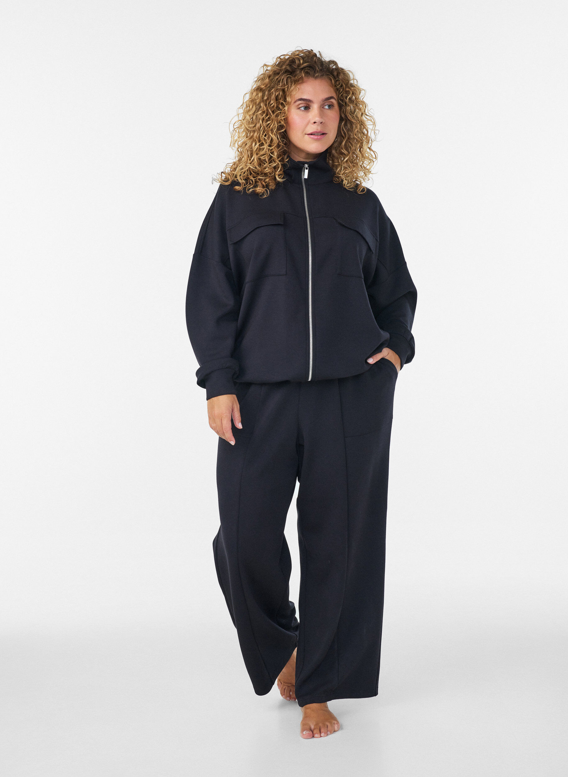ZizzifashionJersey cardigan with zipper and high collar, Black, Model image number 1