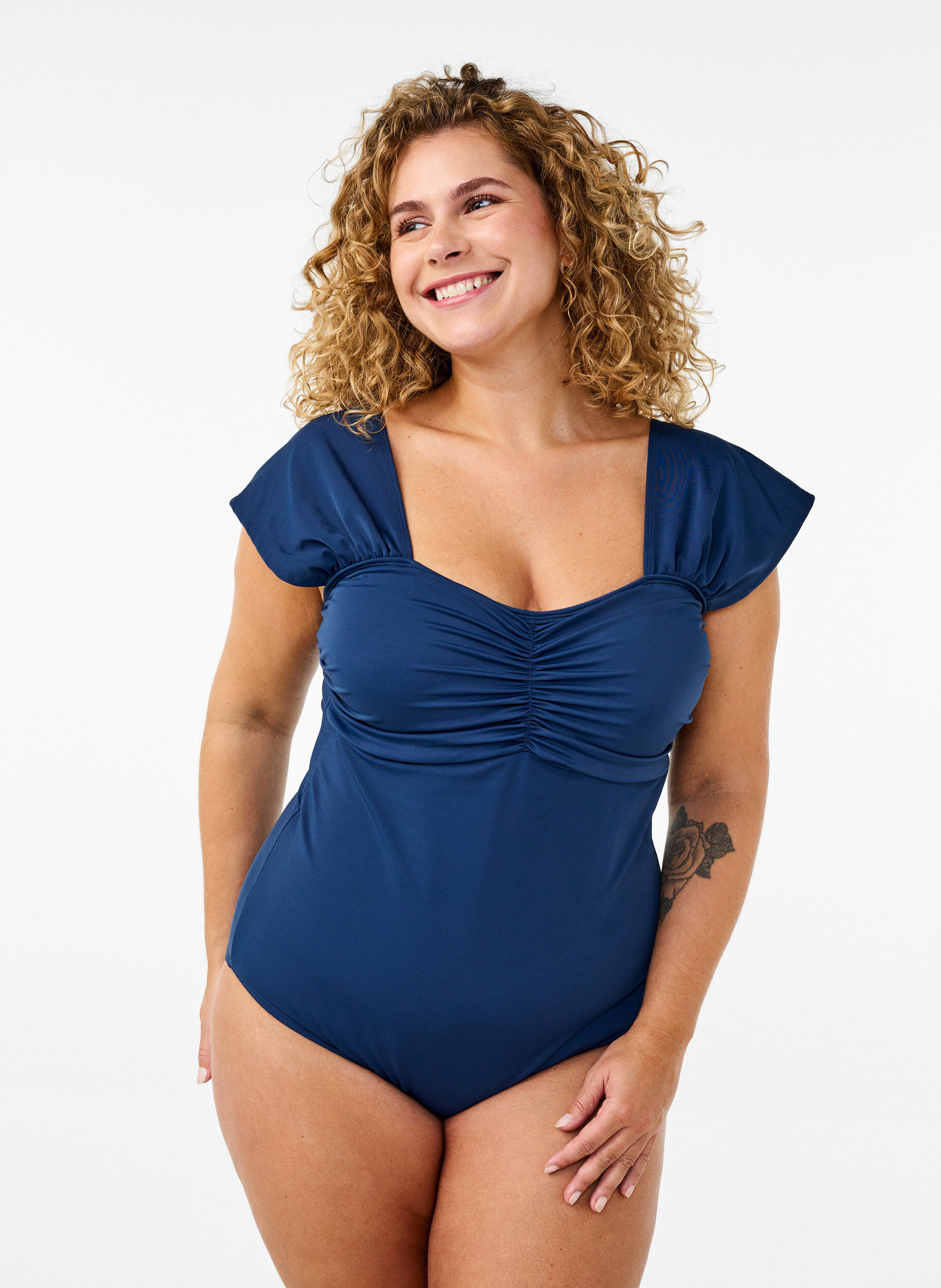 Zizzifashion Swimsuit with short sleeves and draped detail, Blue, Model image number 1
