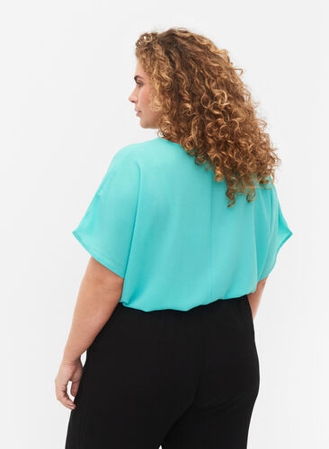 Blouse with short sleeves and a round neckline, Turquoise, Model image number 1