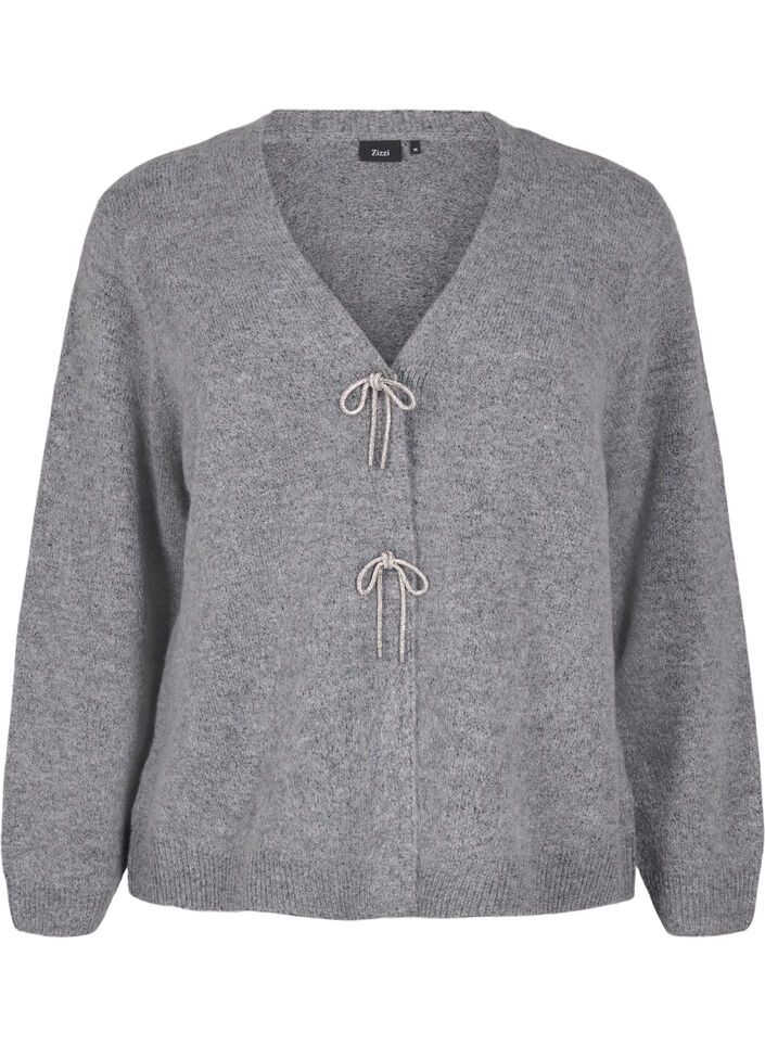 Knitted cardigan with a silver bow, Medium Grey Melange, Packshot image number 0