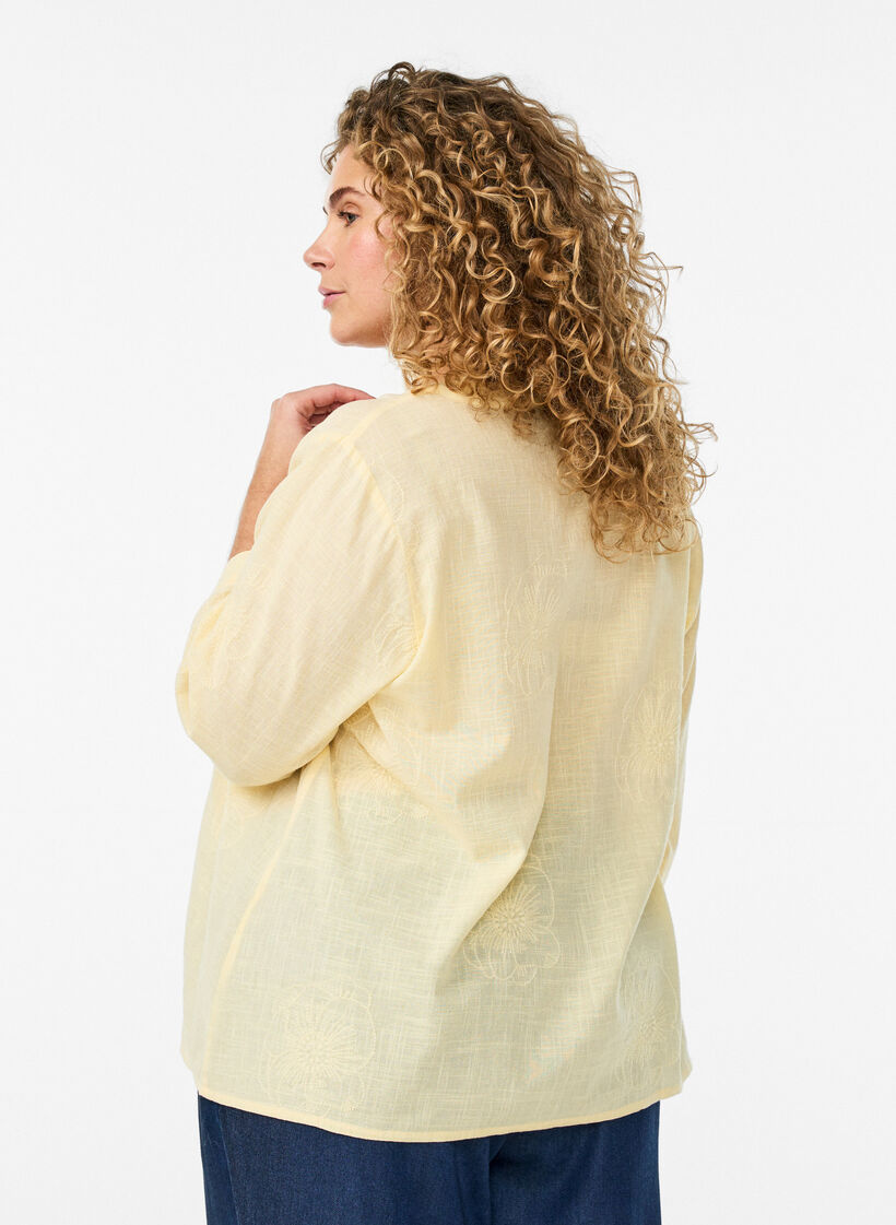 Cotton blouse with embroidered details and 3/4 sleeves, Yellow, Model image number 2
