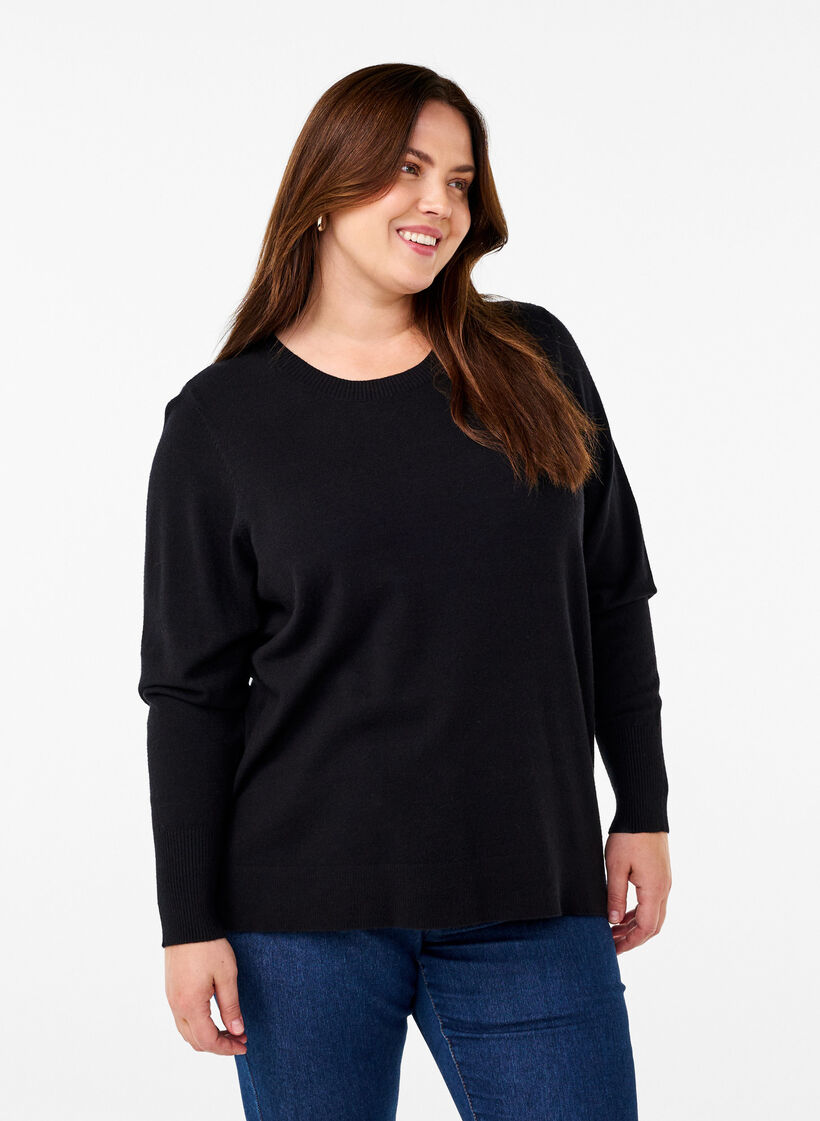 FLASH - Knitted blouse with a round neck, Black, Model image number 0