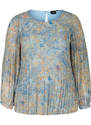 Plisse blouse with floral print, Light Blue Multi AOP, Packshot image number 0