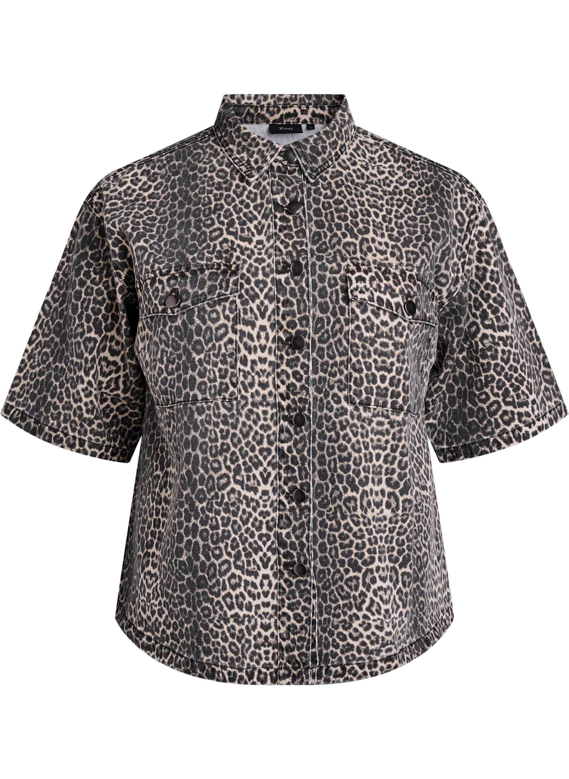 Zizzifashion Denim shirt with leopard print and short sleeves, Brown, Packshot image number 0