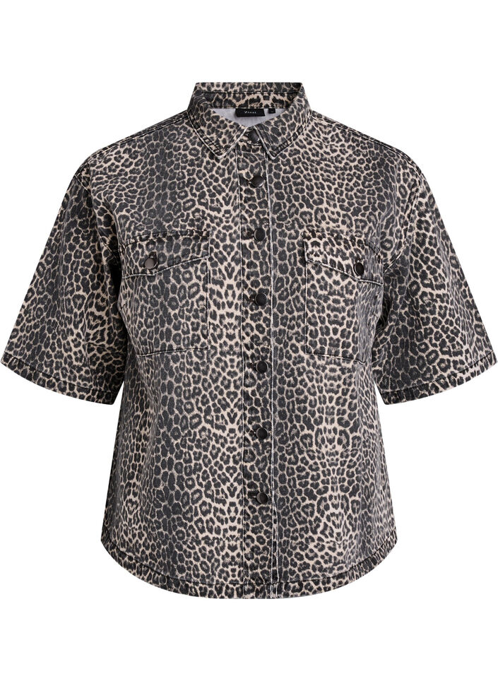 Denim shirt with leopard print and short sleeves, Brown, Packshot image number 0