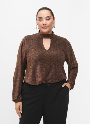 Long-sleeved glitter blouse with round neck and V-detail, Black Copper, Model image number 0