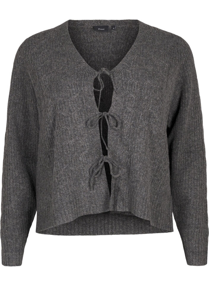 Knitted cardigan with tie details, Dark Grey Melange, Packshot image number 0