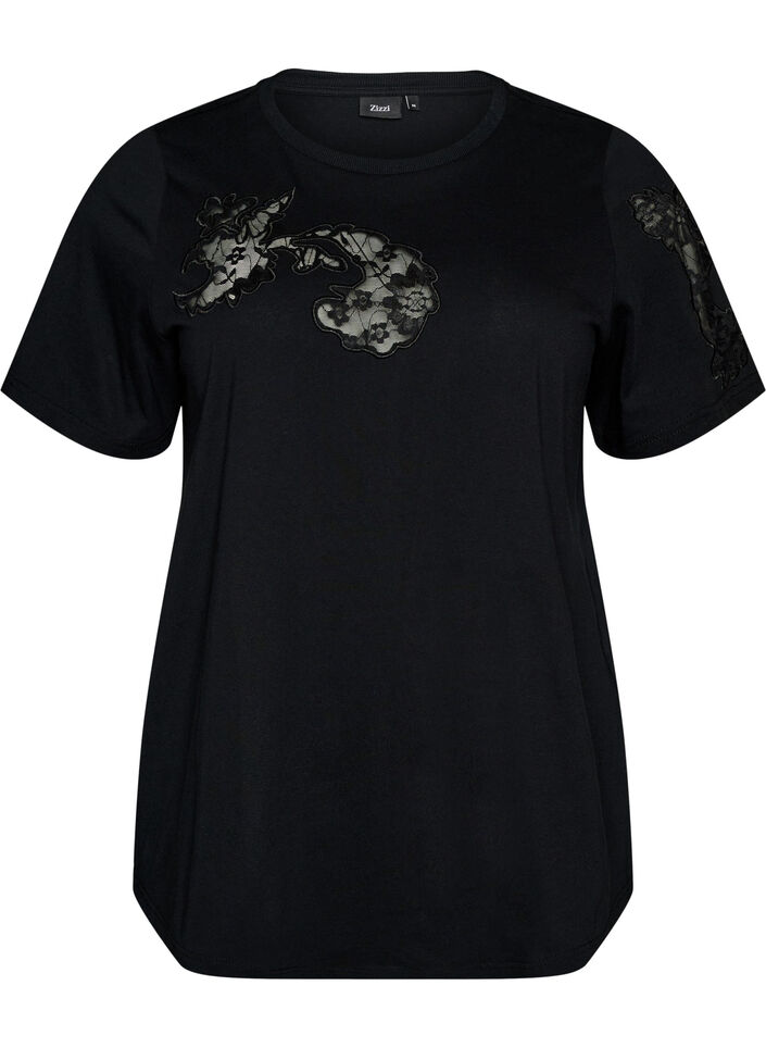 Cotton T-shirt with lace appliqu&eacute;s, Black, Packshot image number 0
