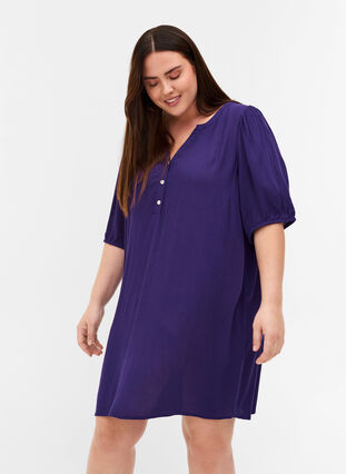Viscose tunic with V-neck and buttons, Purple, Model image number 0