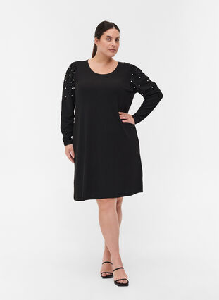 Dress with long puff sleeves and pearls, Black, Model image number 2