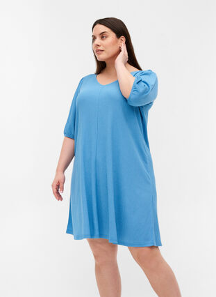 Dress with puff sleeves and V-neck, Azure Blue, Model image number 0