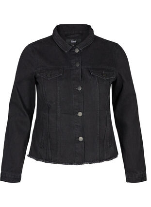 Short denim jacket with frayed hem, Black, Packshot image number 0