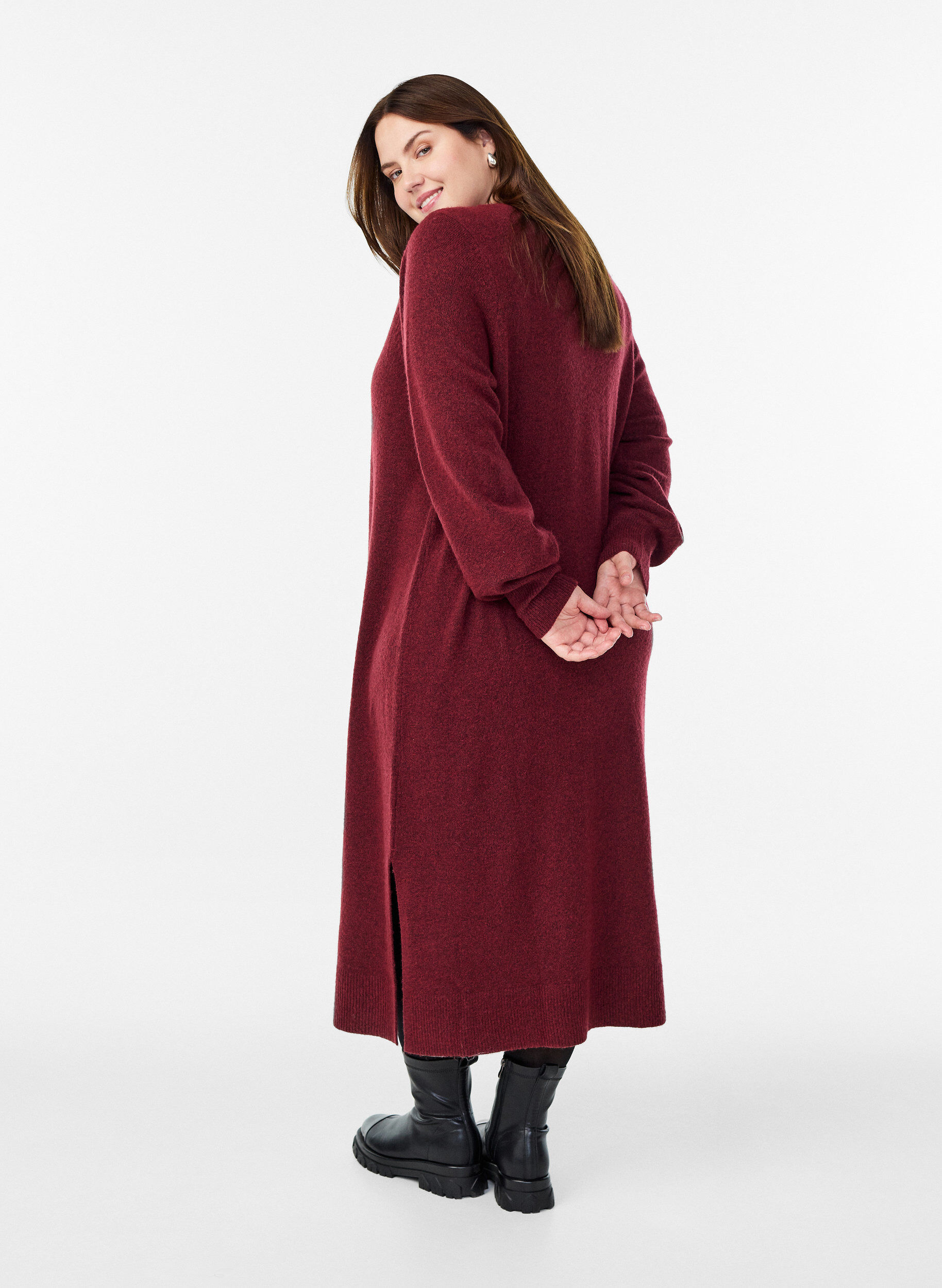 Zizzifashion Long-sleeved knit dress with V-neck, Red, Model image number 1