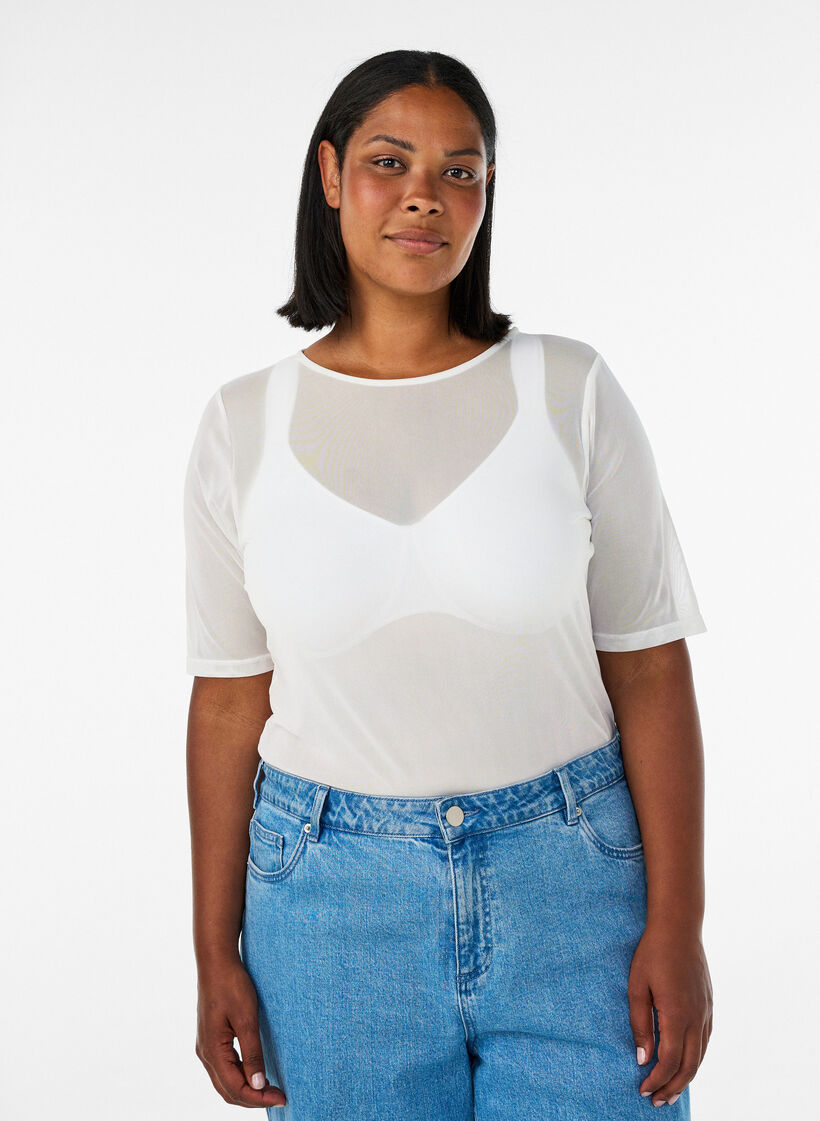 Mesh top with short sleeves and round neck, Vanilla, Model image number 0