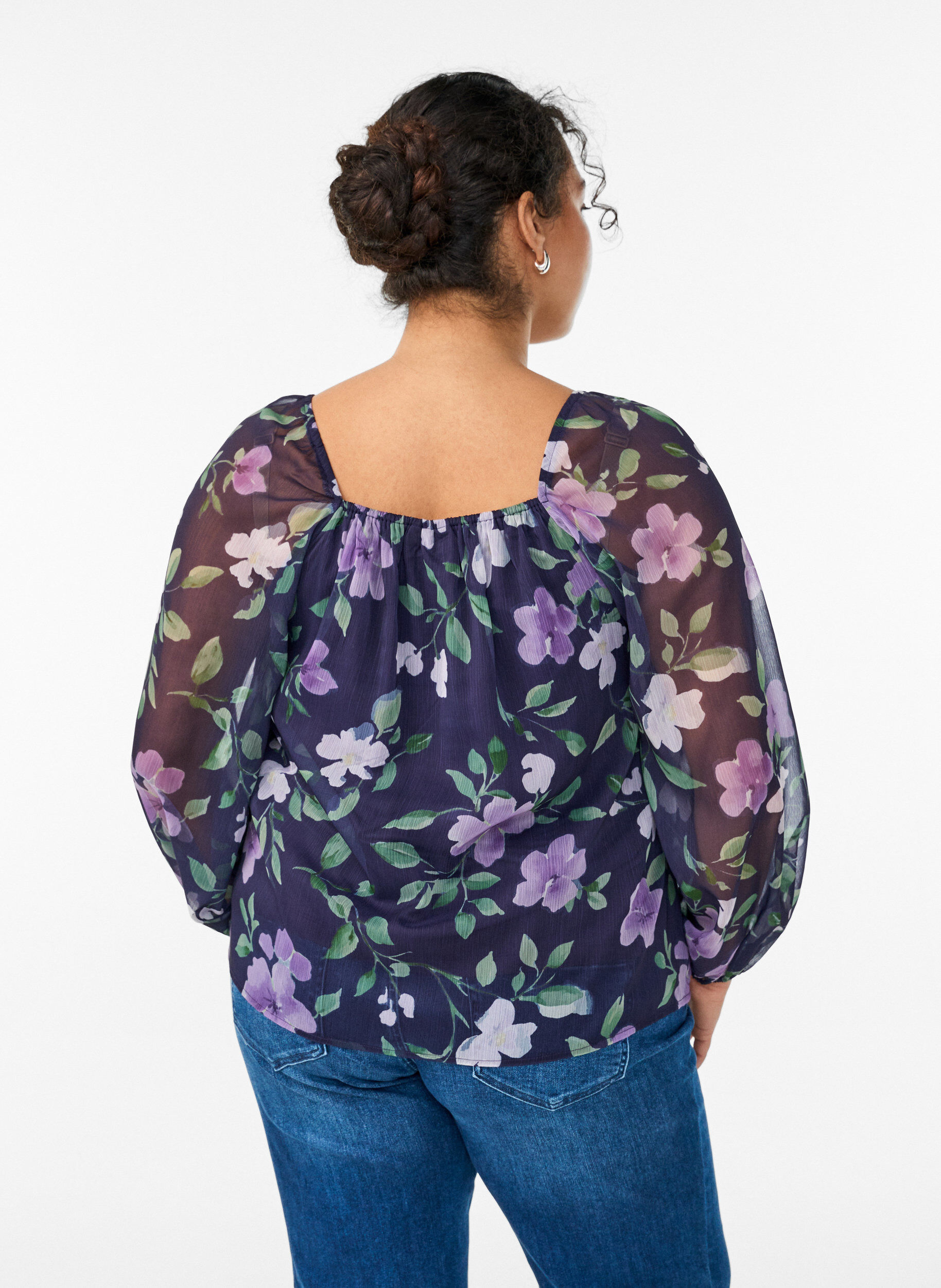 Zizzifashion Chiffon blouse with floral print and long sleeves, Blue, Model image number 2