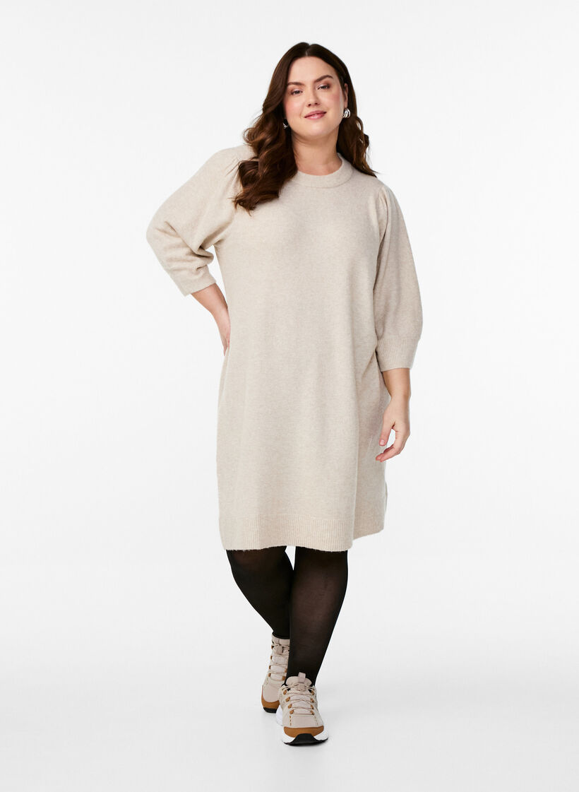 Knitted dress with 3/4 sleeves and a round neck, P. Stone White Mel., Model image number 2