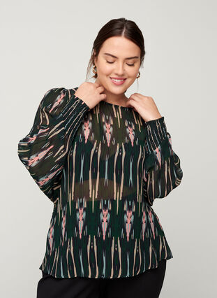 Long-sleeved viscose blouse with print, Green Comb AOP, Model image number 0