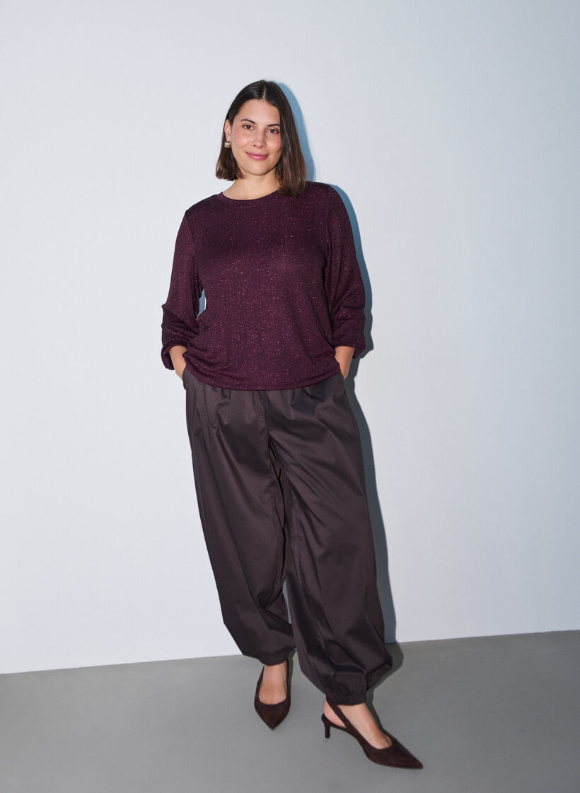 Blouse with vertical texture and glitter thread, Red, Model image number 1