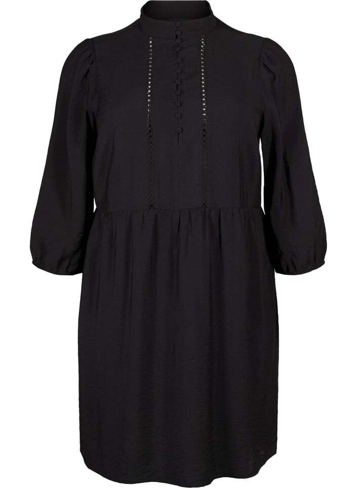 Knee-length dress with embroidery and 3/4 sleeves, Black, Packshot image number 0