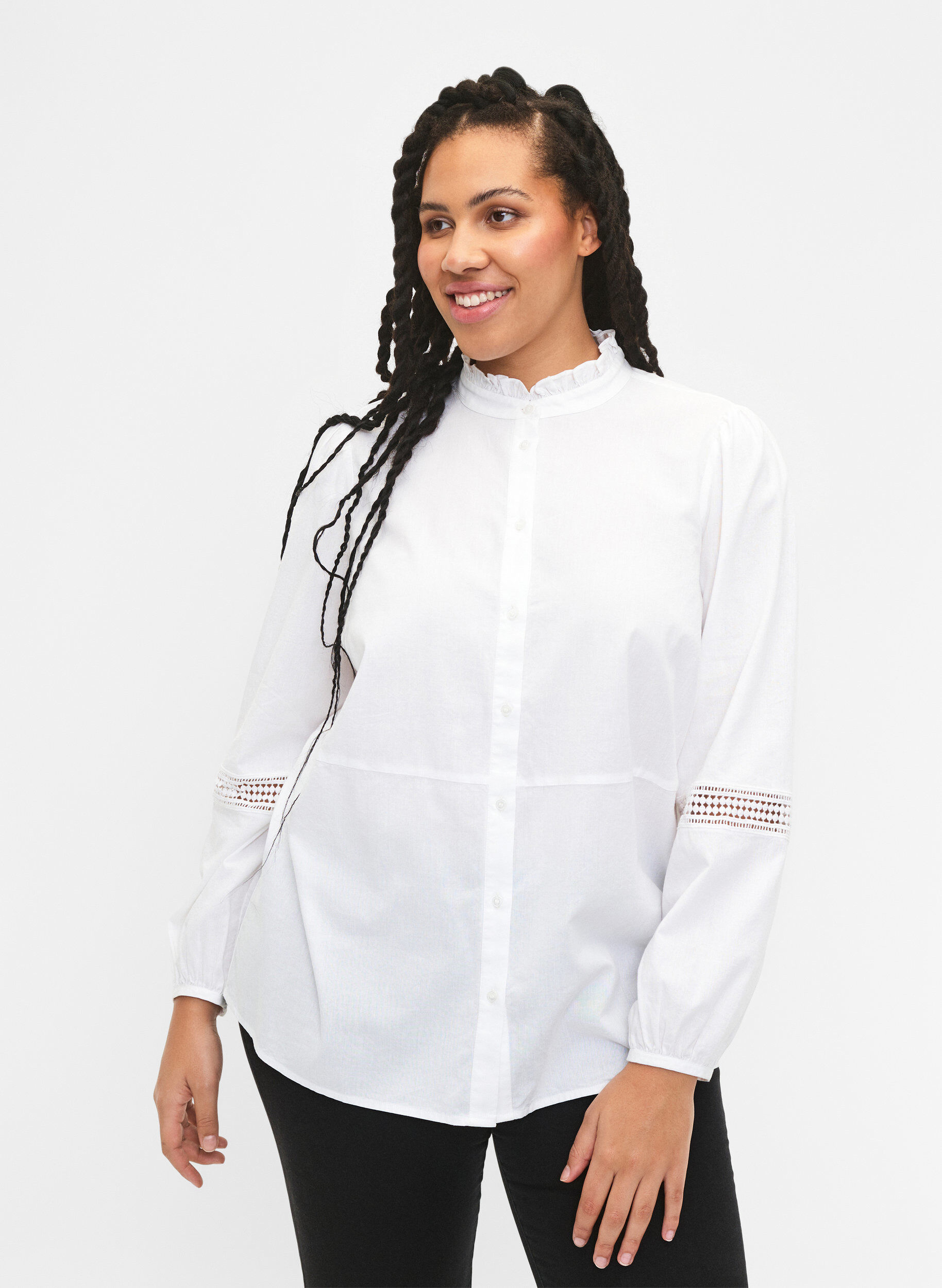 Zizzifashion Shirt blouse with ruffle collar and crochet band, Bright White, Model image number 0