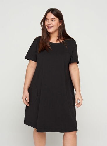 Short-sleeved cotton dress with pockets, Solid Black, Model image number 0