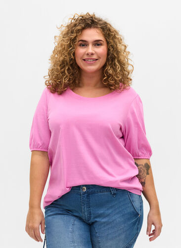 Cotton t-shirt with elbow-length sleeves, Cyclamen, Model image number 0