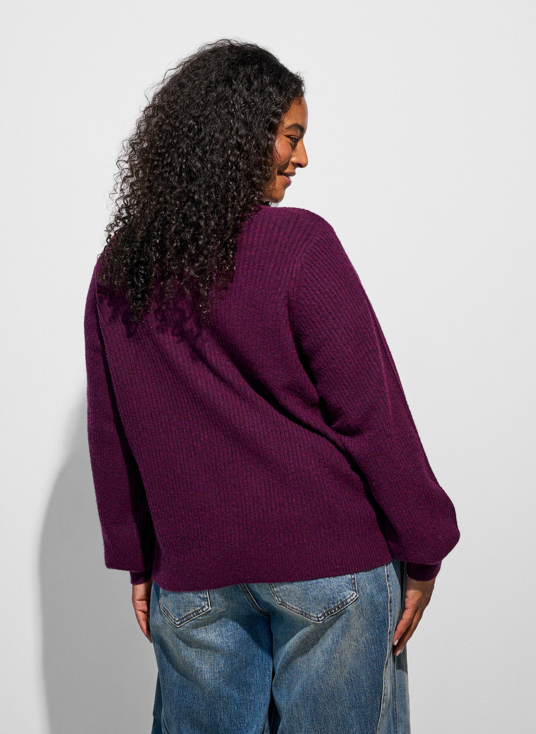 ZizzifashionCardigan with V-neck and ribbed texture, Purple, Model image number 2