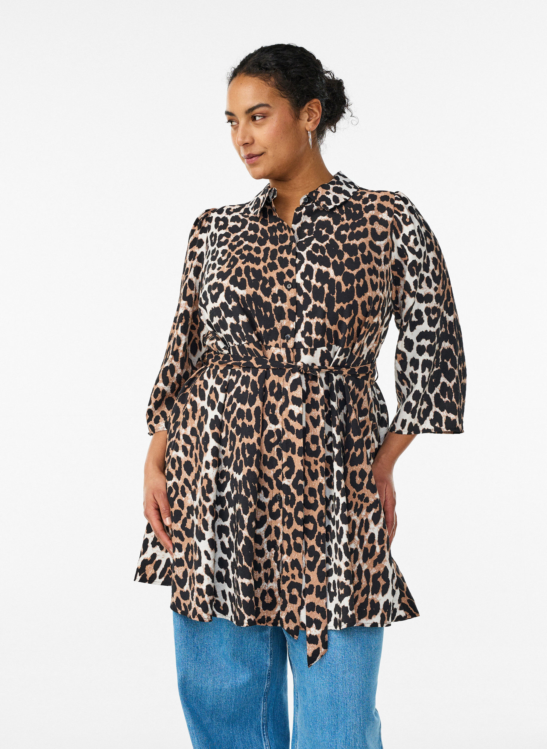 Zizzifashion Patterned tunic with a tie-belt and 3/4 sleeves, Brown, Model image number 0