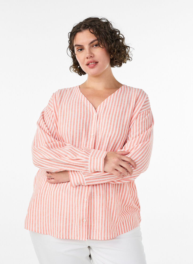 Blouse in linen and viscose with V-neck, Coral, Model image number 0
