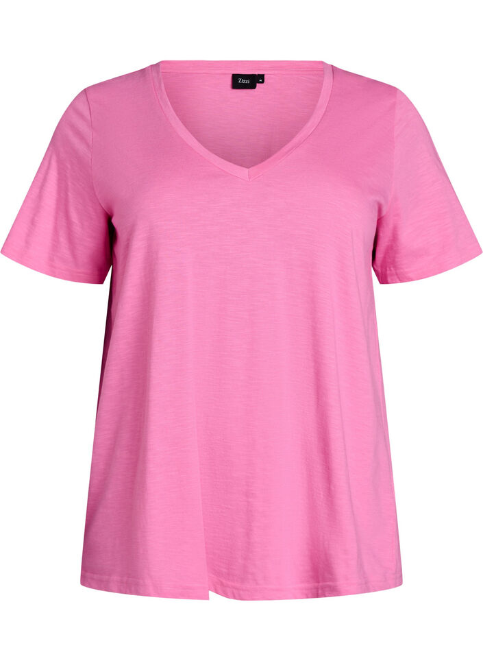 Short-sleeved basic t-shirt with v-neck, Pink, Packshot image number 0