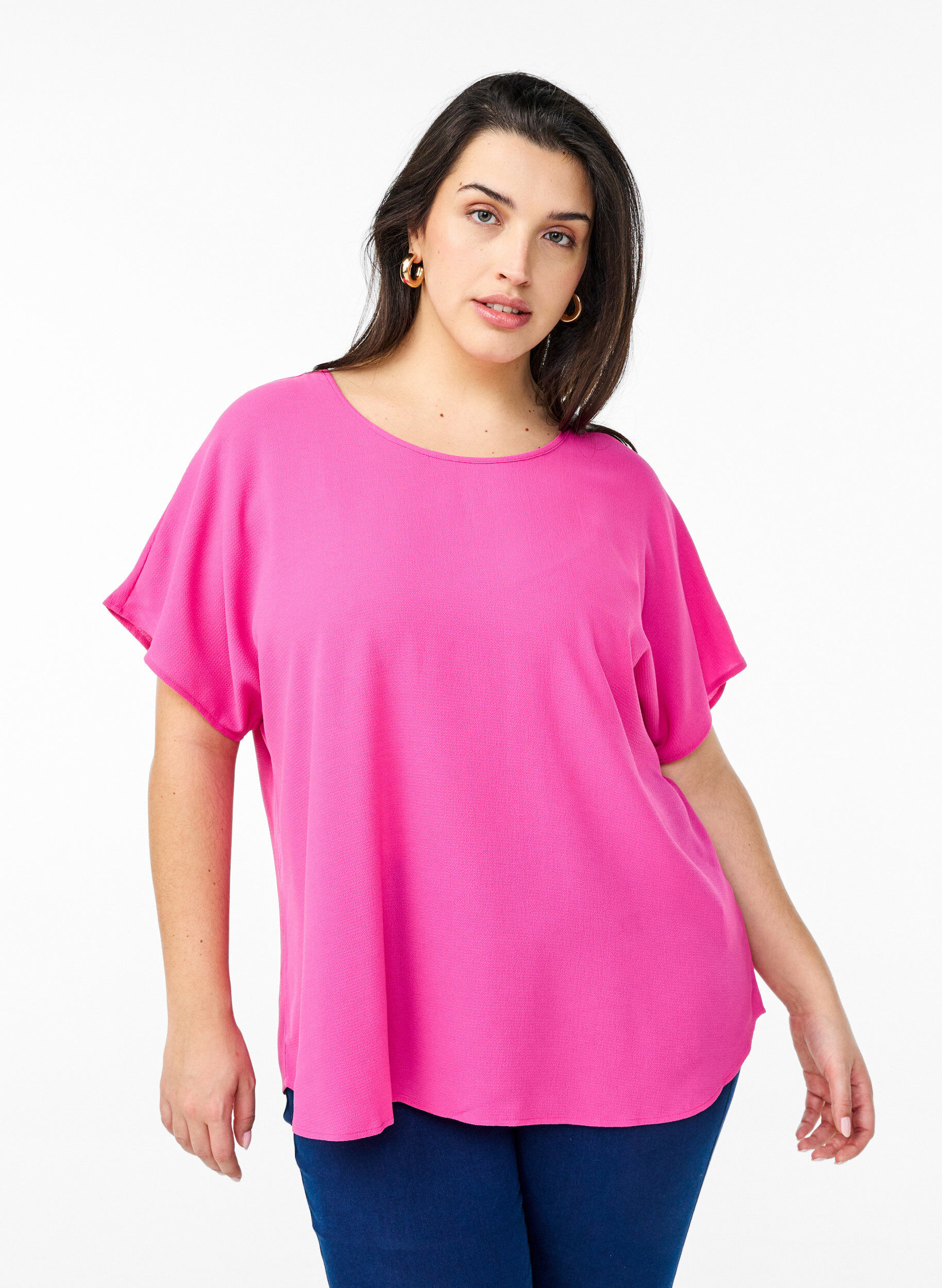 Zizzifashion Blouse with short sleeves and a round neckline, Rose, Model image number 0