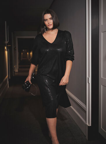 Sequined dress with a slit an 3/4 length sleeves, Black, Image image number 0