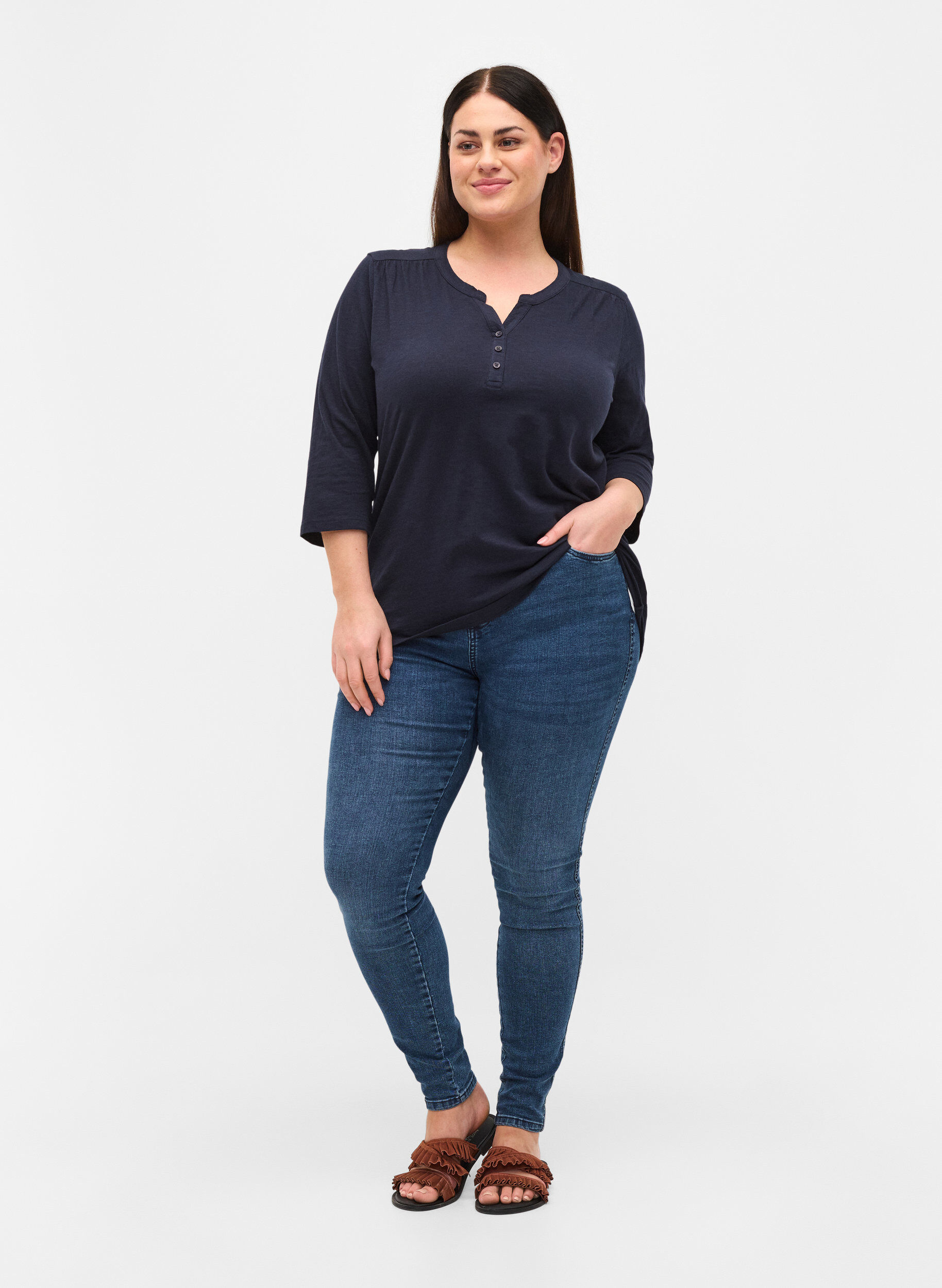 Zizzifashion Cotton blouse with 3/4 sleeves, Night Sky, Model image number 2