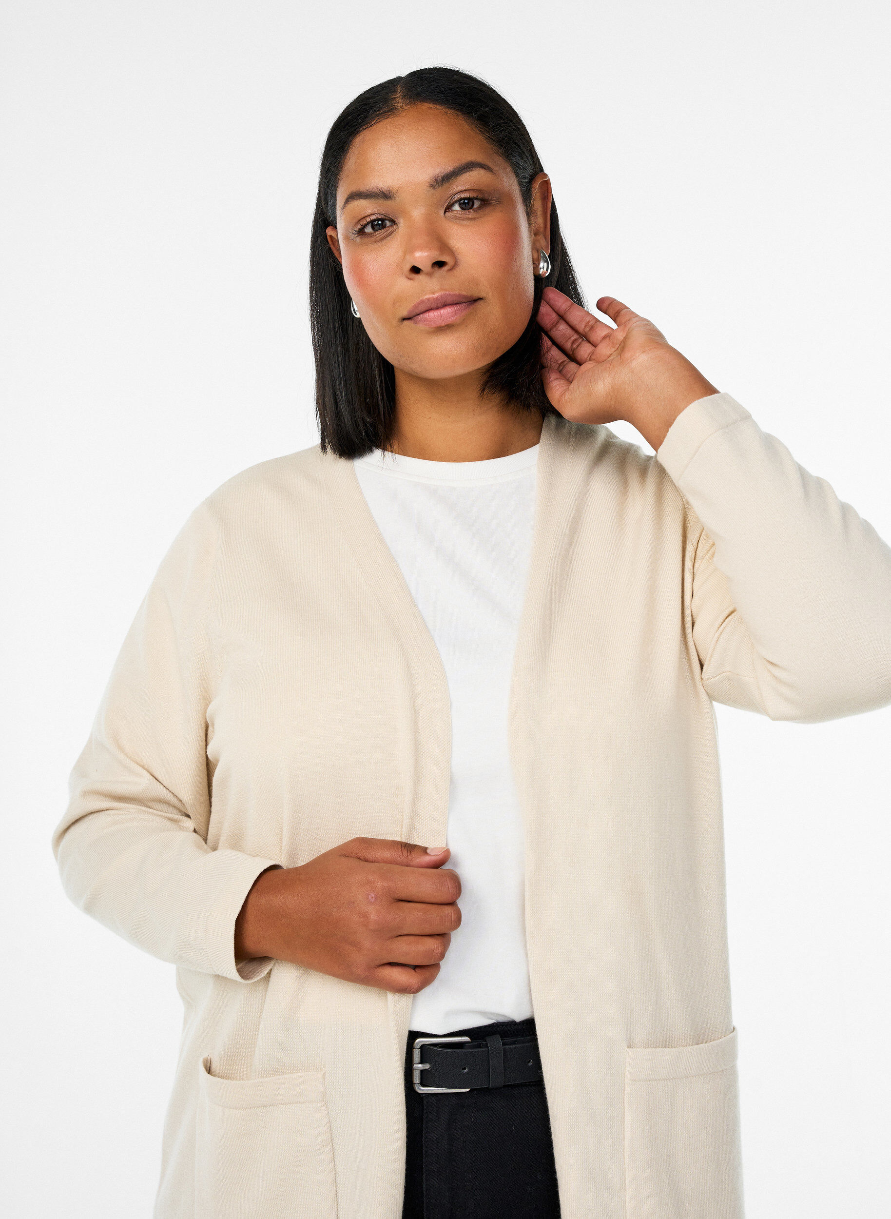 ZizzifashionLong, open cardigan with pockets, Beige, Model image number 2