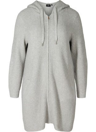 Long, hooded knit cardigan with zip, Light Grey Melange, Packshot image number 0