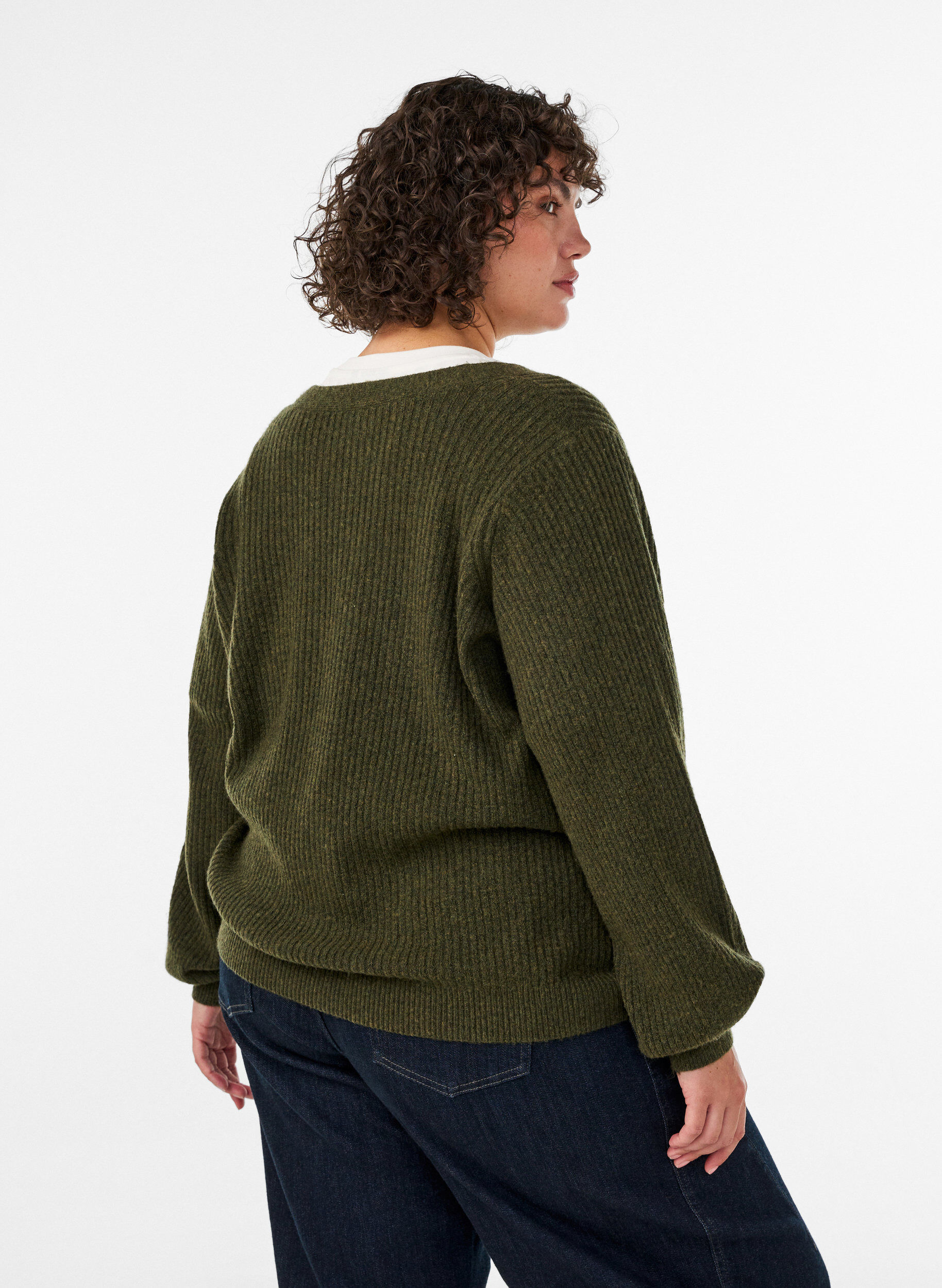 ZizzifashionCardigan with V-neck and ribbed texture, Green, Model image number 2